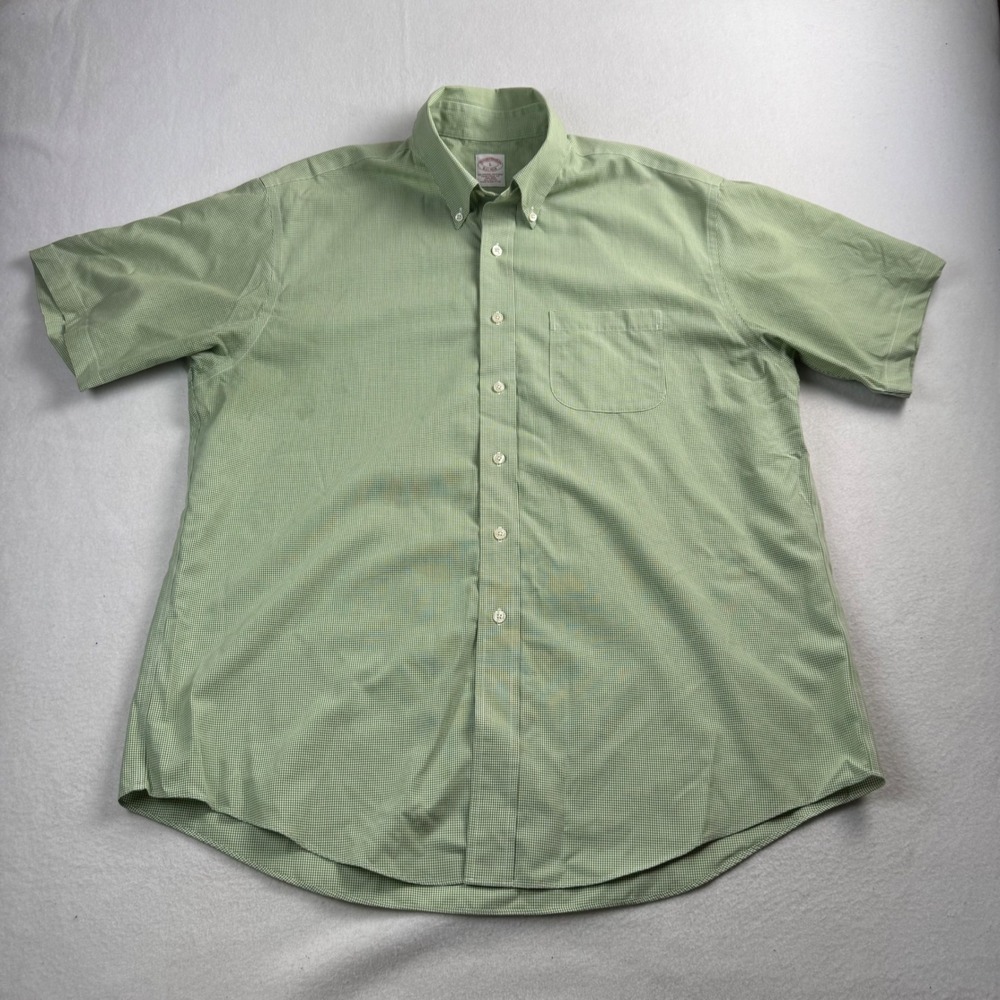 Brooks Brothers Mens L Green Gingham Short Sleeve Non-Iron Traditional Fit Shirt